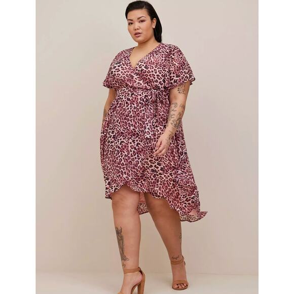 NEW Torrid Wrap Dress Plus Sz 2X Pink Leopard Midi Chiffon Flutter Sleeve Hi Low - Picture 1 of 12